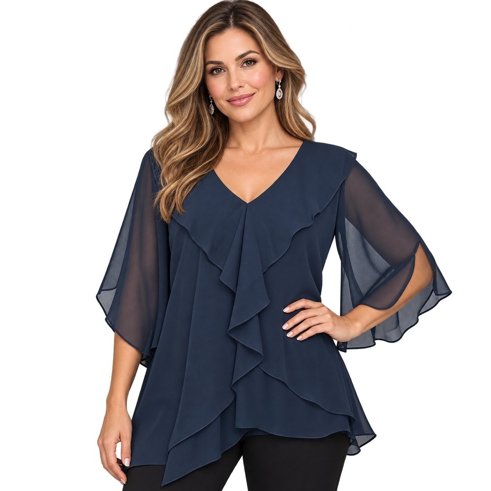 Lan Ting Bride Navy Ruffle Blouse NWT XL Sheer Flutter Sleeve Asymmetrical Hem
